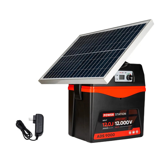 Solar Electric Fence Charger - 9 Joule Fence Energizer 25W Solar Panel Fence Energizer 12V Battery 120Miles Range Electric Fence Energizer, Poultry