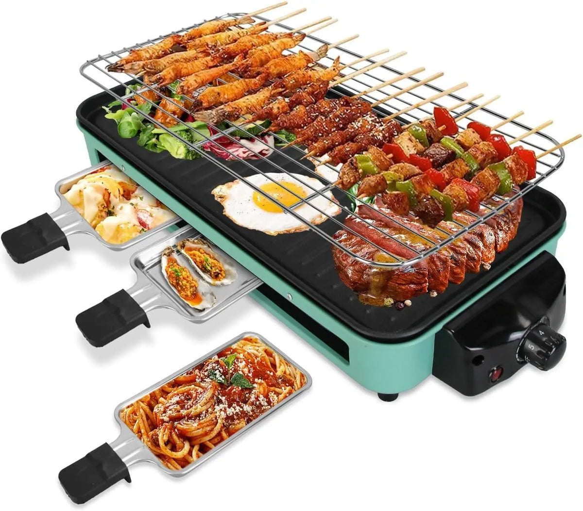 2000W Electric Indoor Grill 2 in 1 Electric BBQ Gill - Grill Net Removable Plate 5 Temperature Control 3 Small Trays Dishwasher Safe