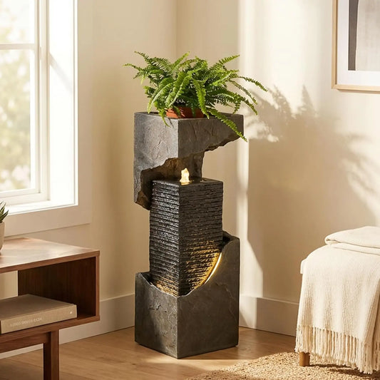 Bumilgar 35.4 Inch Outdoor Indoor Waterfall Fountain with LED Lights