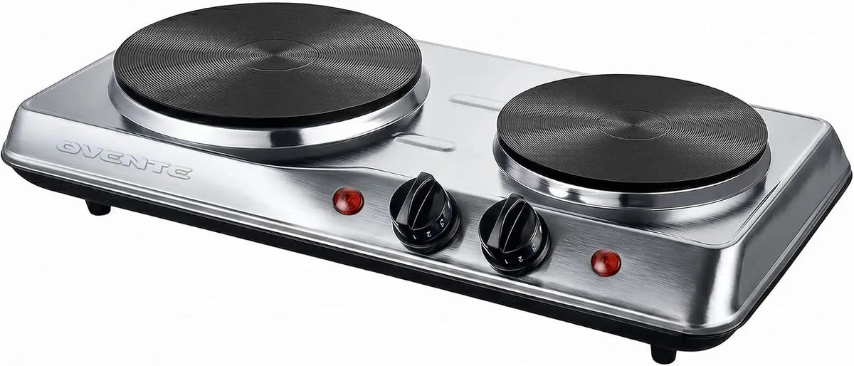 OVENTE Electric Cast Iron Double Burner - 1700W Hot Plate, Silver BGS102S