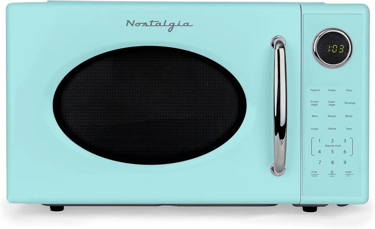 Nostalgia Retro 1000W Microwave Oven 1.1 Cu. Ft. Capacity - Child Safety Lock, 8 Auto-Cook Settings, Countertop Kitchen Appliance, Aqua
