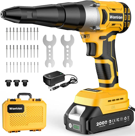 WonVon Cordless Pop Rivet Gun Kit 20V Max Battery - Brushless Automatic Rivet Gun Tool, Electric Rivet Gun with 3 Size, 1/8 Inch, 5/32 Inch, 3/16 Inch