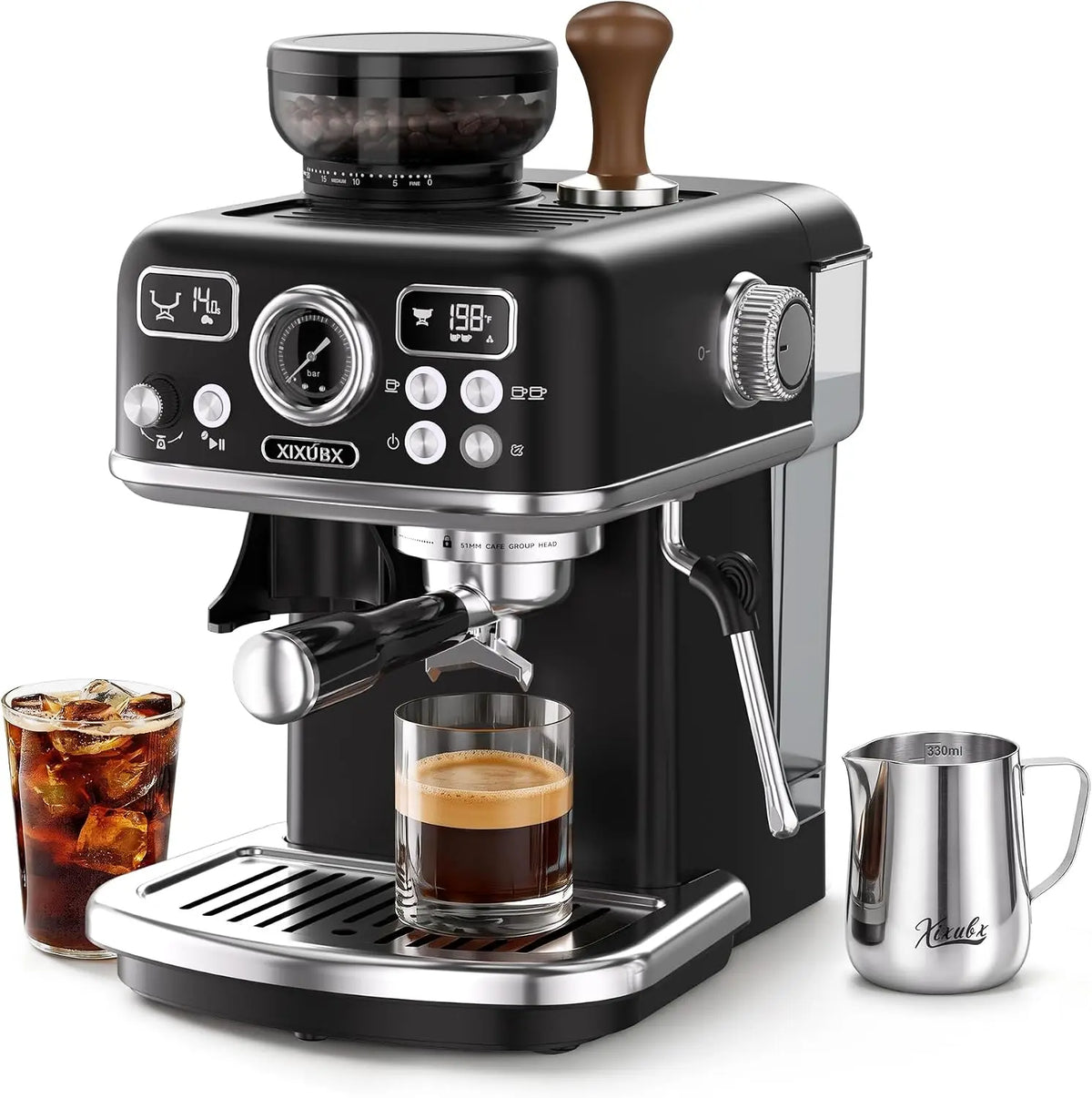 XIXUBX Espresso Machine with Grinder - PID & Programmable Settings, Black