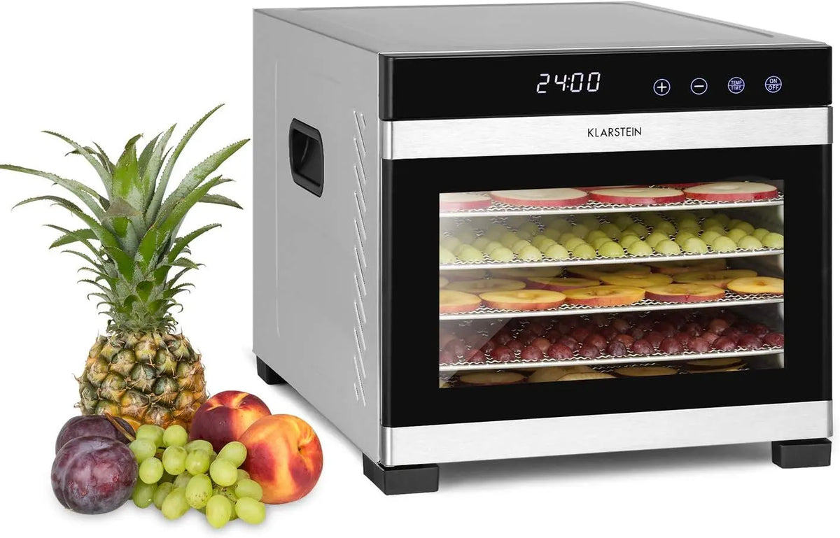 Klarstein Flavour Dry - Food Dryer, Dehydrator, Stainless Steel Structure, 6 Shelves, 35-75 C°, LCD Touch Display, Timer: 30 min -24h, 360° Airflow
