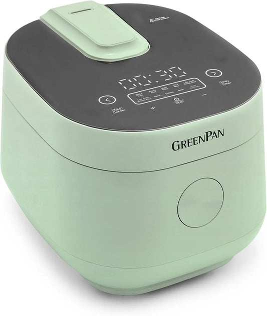 GreenPan Rice Cooker - 8 Cups Cooked, 4 Uncooked, Low-Carb & Soup Mode, 10 ONE-TOUCH Cooking Presets, PFAS-Free Ceramic Steamer Basket, Fuzzy Logic
