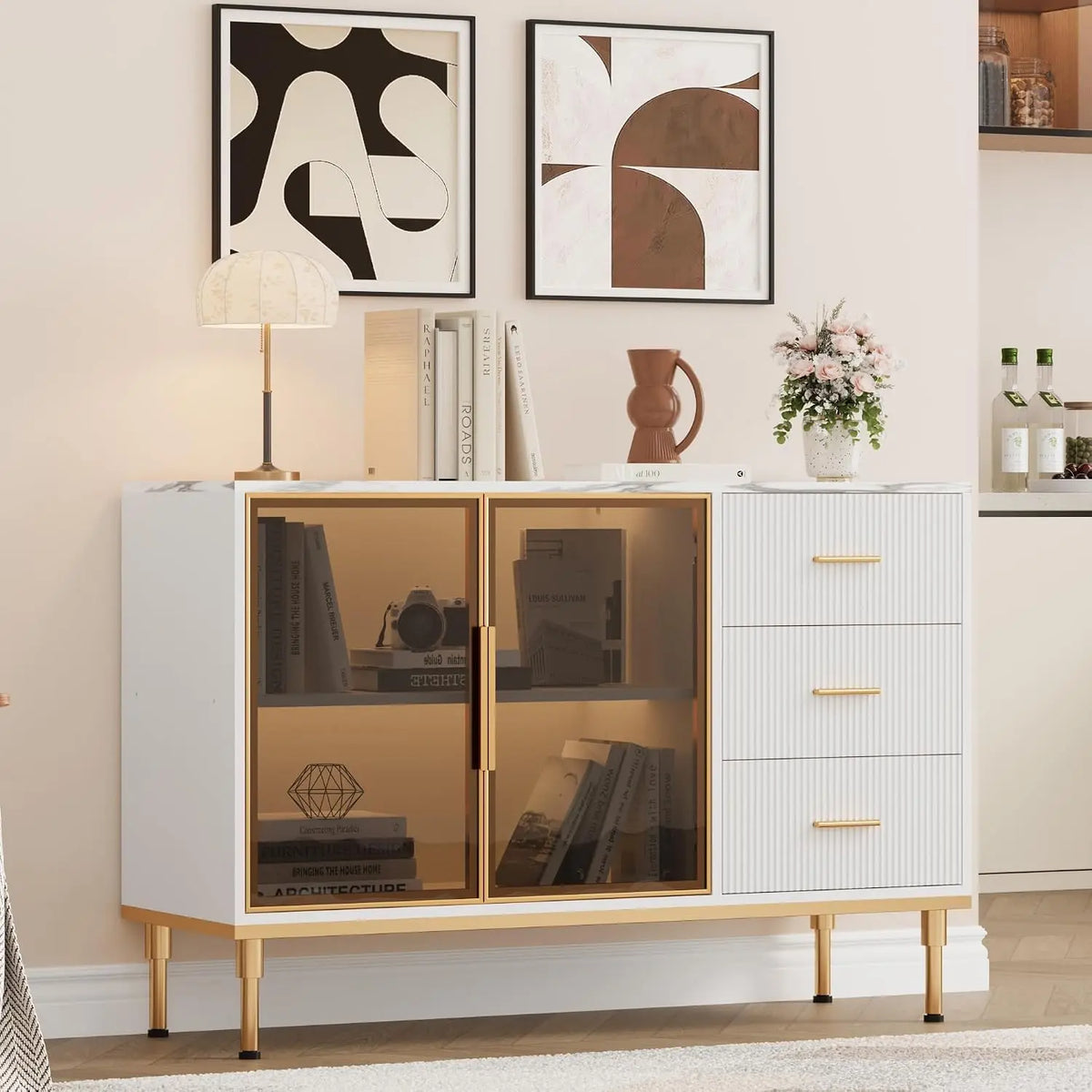 Garvee Buffet Sideboard Cabinet with Storage & LED - 46.4 in Fluted Large Kitchen Sideboard Cabinet with Glass Doors Drawers & Shelves, Living Room