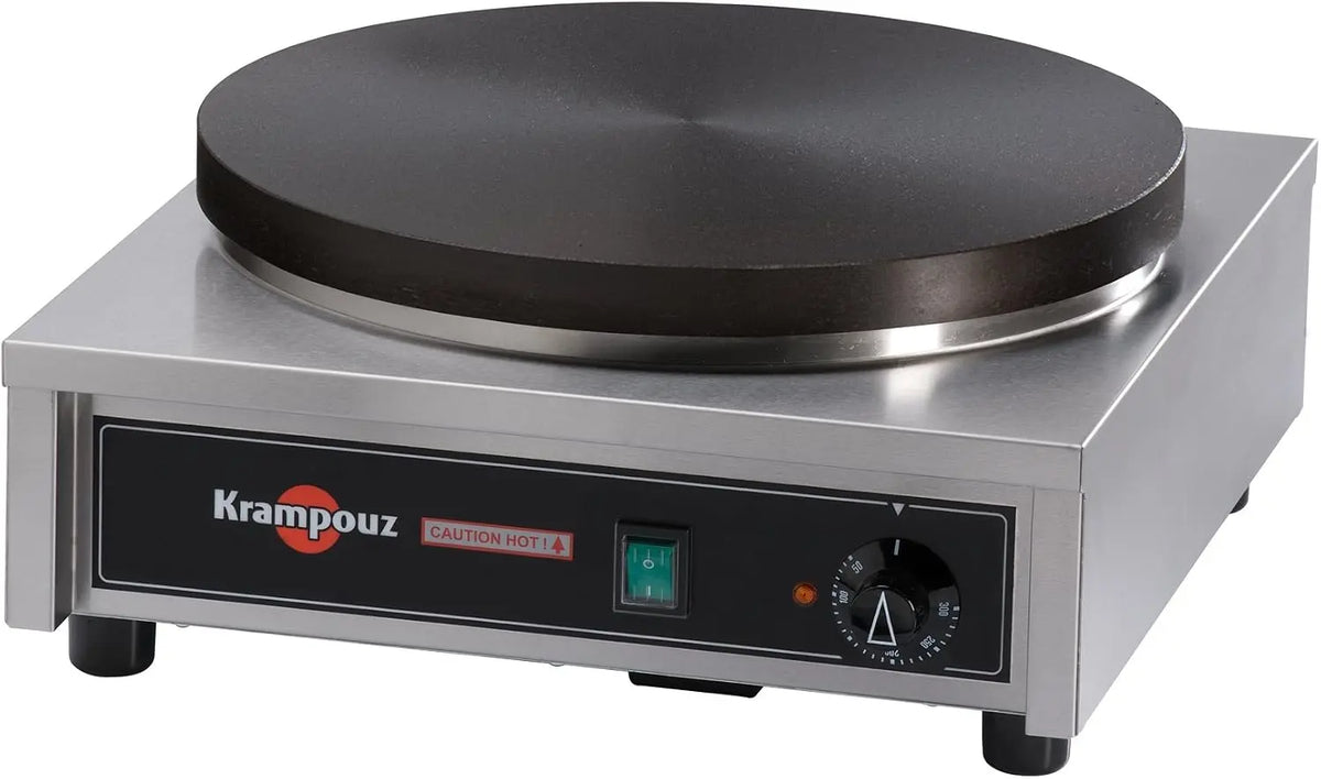 KRAMPOUZ Commercial Electric Crepe Maker - Single Square Crepe Griddle with Cast Iron Cooking Surface and Precision Thermostat Control, 220V, NSF ETL