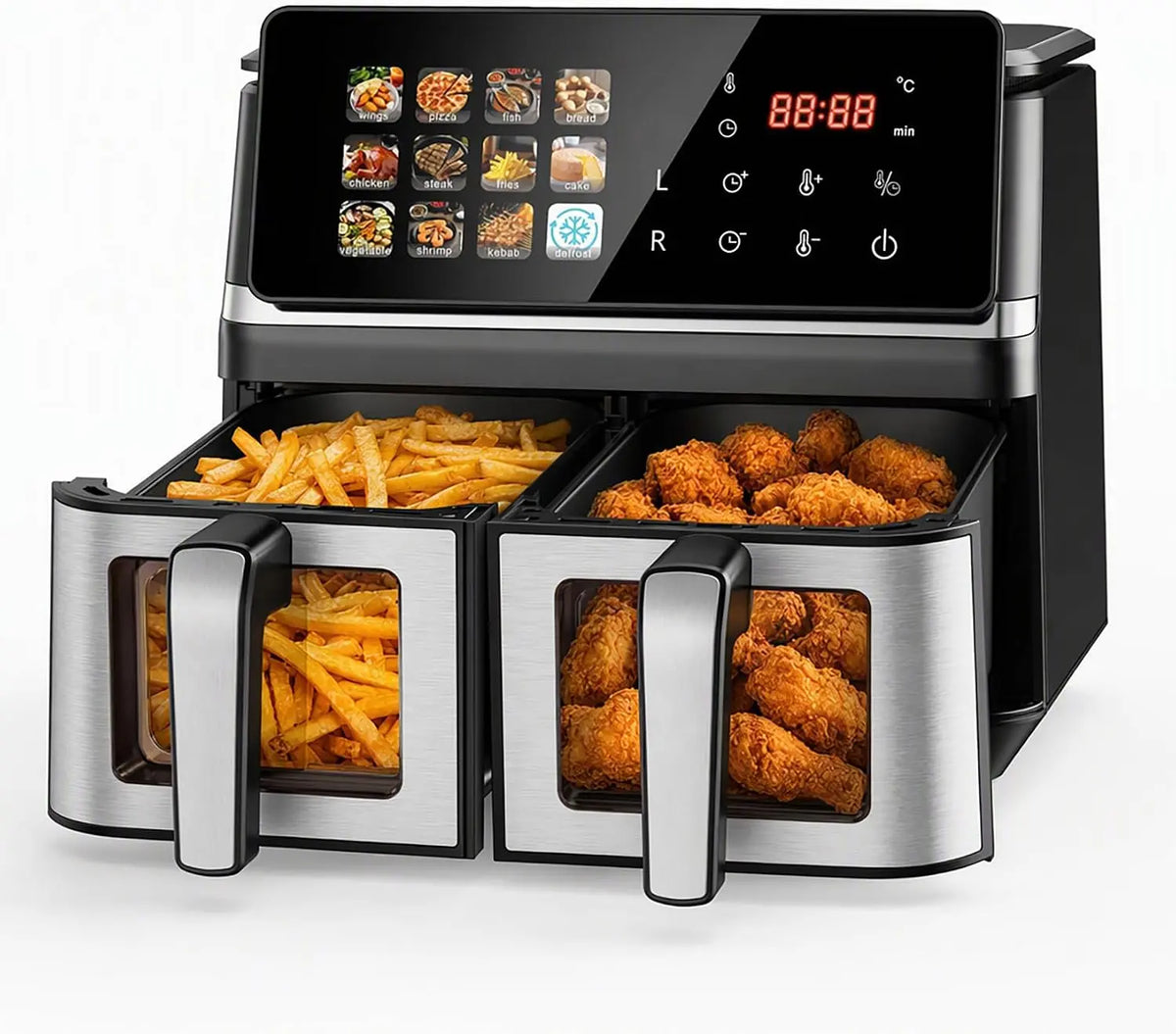 10 QT Large Capacity Dual Basket Air Fryer - 12-in-1 Air Fryers with Two 5L Independent Baskets, Extra-Large Touchscreen, Viewing Window, Sync Finish
