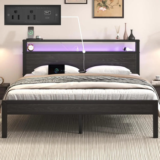 E-Motie Full Size Bed Frame with LED Lights and Charging Station - Black