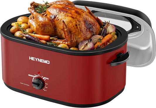 30Qt Electric Roaster Oven - with Self-Basting Lid, Removable Pan, Cool-Touch Handles, 1450W Stainless Steel Turkey Roaster Oven, Red