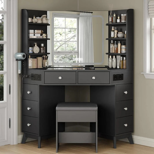 Yanosaku Corner Vanity Desk with Buil-in Speaker - 8 Drawers & 6 Shelves, Makeup Vanity with Glass Top, Modern Vanity with Mirror and Lights, Black