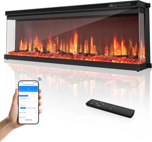 50-inch 3-Sided Wall Mount Electric Fireplace - Recessed & Built-in Design with Wi-Fi/Remote, 1500W Heater, 12 Flame Colors, ETL Listed