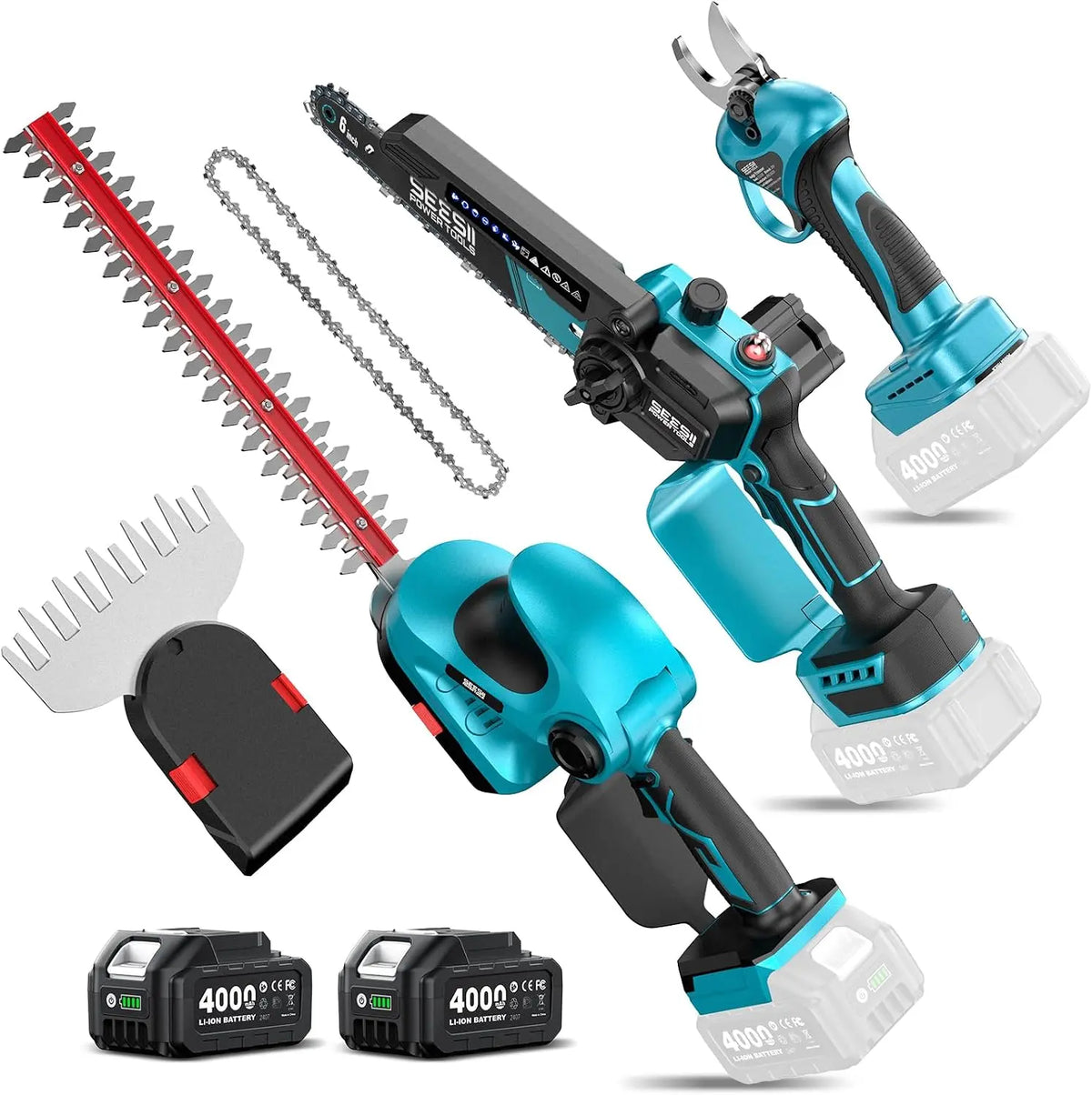 SEESII 4-in-1 Electric Mini Chainsaw - Battery Hedge Trimmer & Pruner Combo