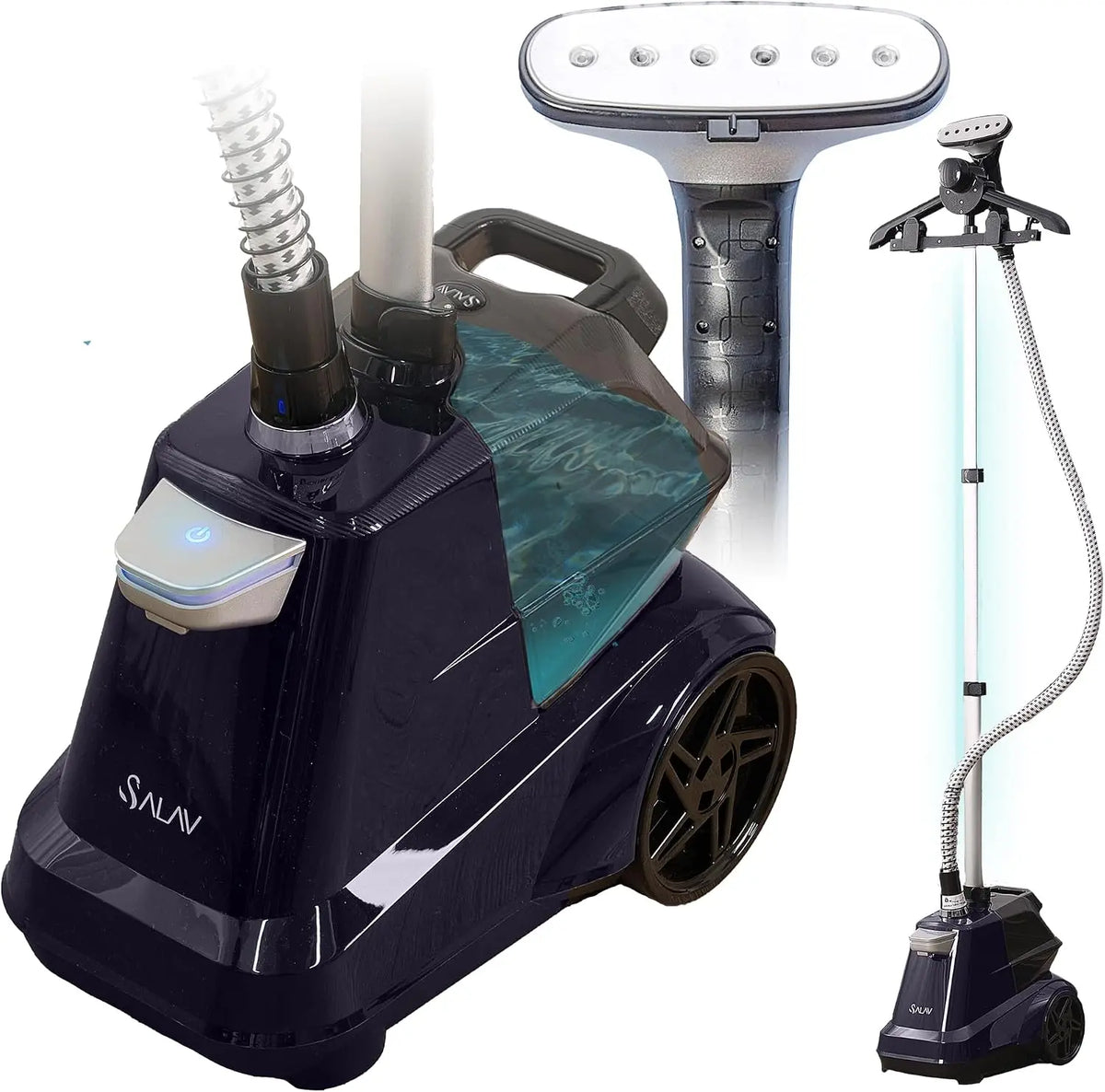 SALAV Heavy Duty Commercial Full-Size Garment Steamer with Foot Pedals and Extra Large 3L - 101.5 oz, Water Tank, 1800 watts of Poweful Steam, Navy