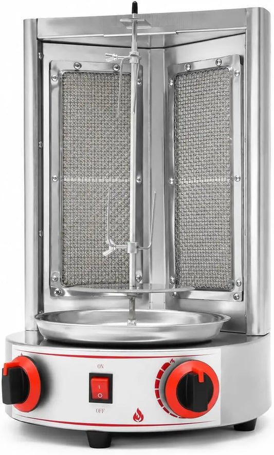 Gas Shawarma Machine - 110V Stainless Steel Vertical Rotisserie Grill, 3000W Countertop Doner Kebab Machine with 2 Burners for Outdoor Cooking