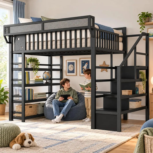 Black Loft Bed Frame - Full Size Adult Bed with Storage Stairs, LED Lights