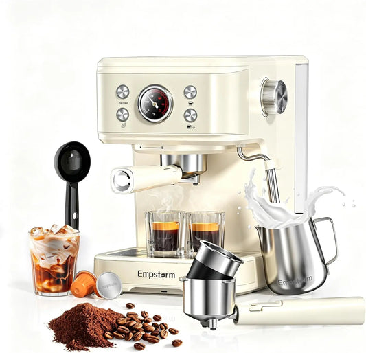 Empstorm 04E 20 Bar Espresso Machine - With Milk Frother Steam 1100W White