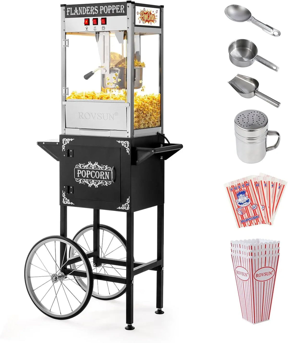 ROVSUN Popcorn Machine with Cart - 10 Oz Kettle Makes Up to 4 Gallons ETL Certified, Popcorn Maker w/Scoop, Oil Spoon, Bags & 3 Popcorn Cups, Black