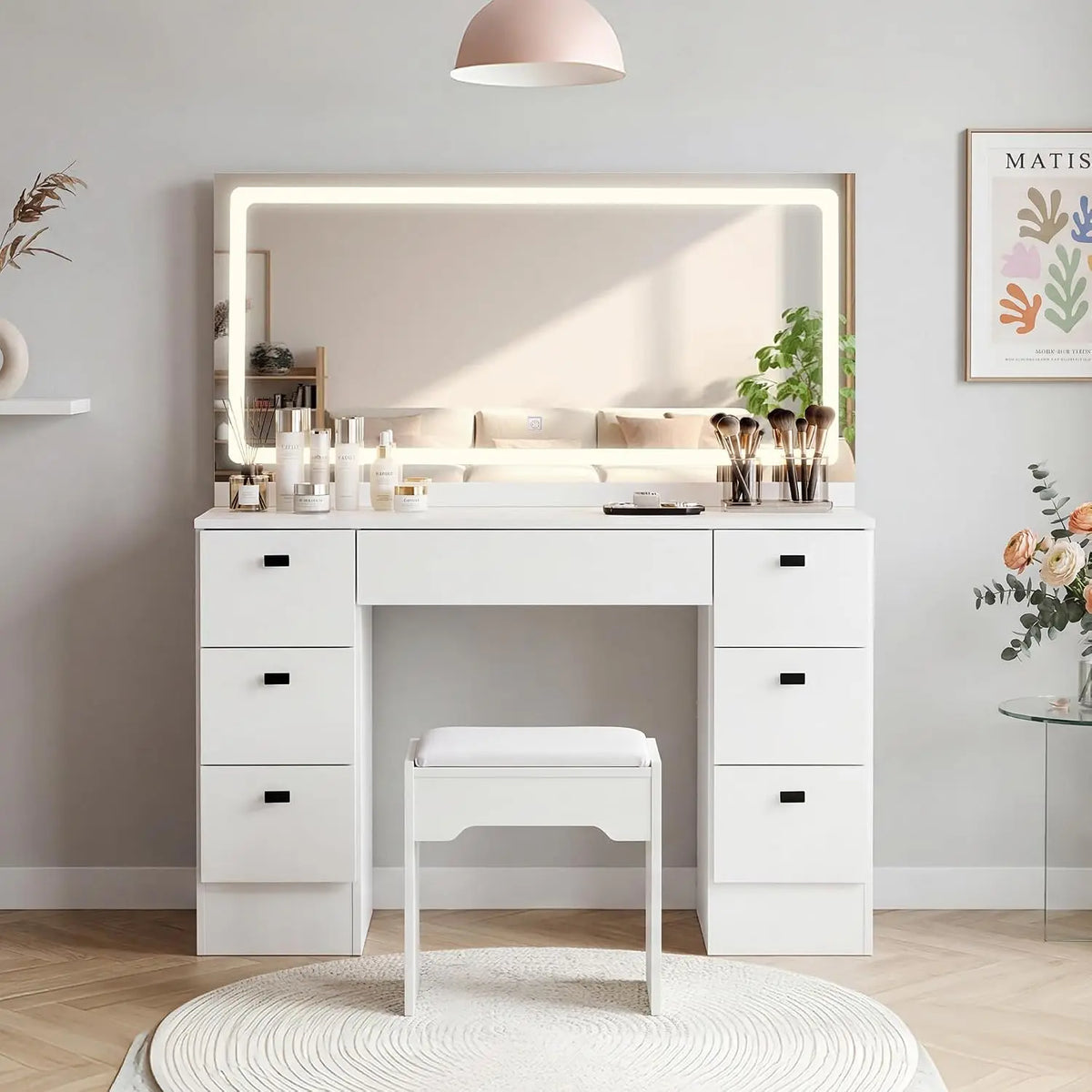 TUKAILAi 46.1 Inch Large Vanity Desk with Mirror and LED Lights - 7 Drawers & Power Outlet, White Modern Makeup Vanity Desk with PU Cushion Stool