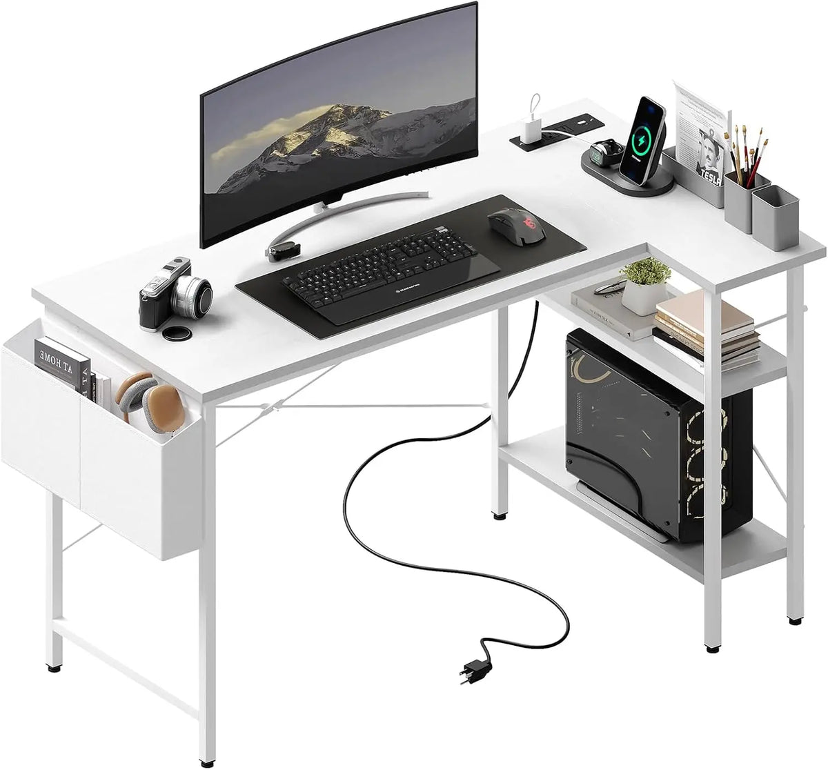 DUMOS Corner Gaming Desk with Power Strip - Storage Shelves and Drawers