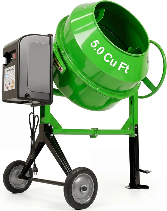 Concrete Mixer 5.0 Cu. Ft. 140L Electric Power Cement Mixer 600W Wheelbarrow Mixing Machine - Stand And Wheels for Stucco, Mortar, Seed
