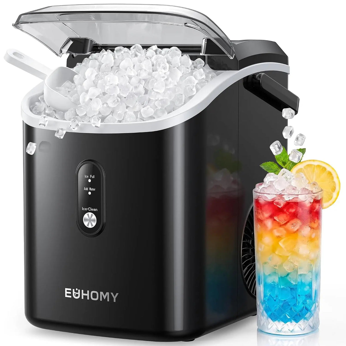 EUHOMY Nugget Ice Maker Countertop with Handle - Ready in 6 Mins, 34lbs Per Day, Removable Top Cover, Auto-Cleaning, for Home/Party/RV/Camping, Black