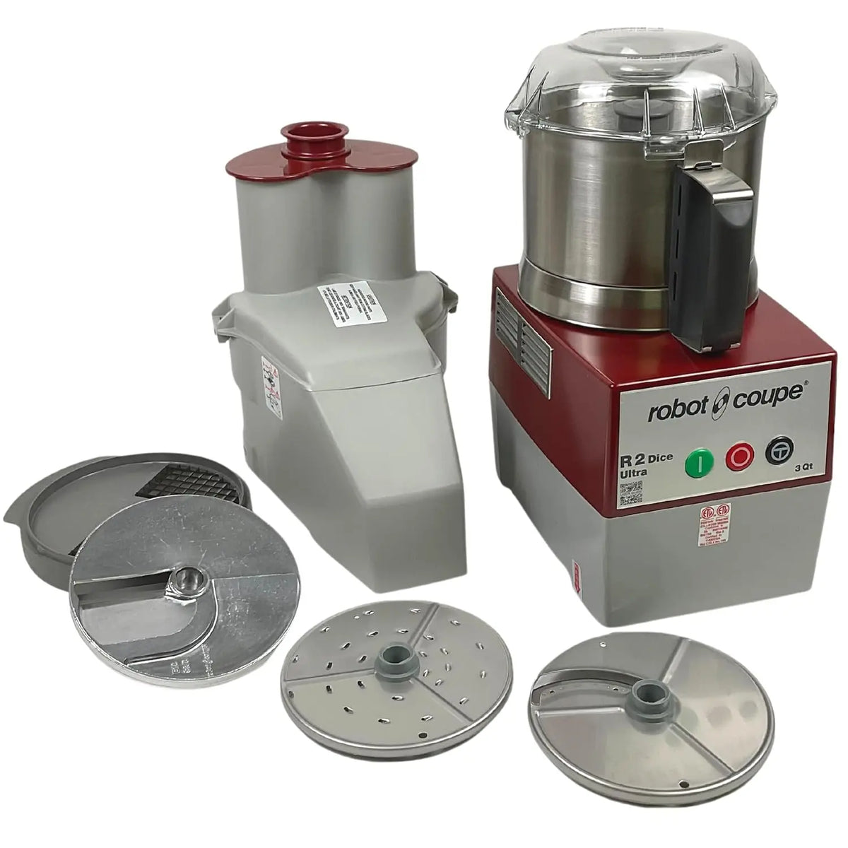 Robot Coupe R2U DICE Combination Food Processor with 3 Quart Bowl - Stainless Steel, Continuous Feed & 4 Discs, 2 hp, 120v, R2 DICE Ultra