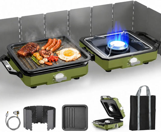 ODSD 2 Burner Camping Stove with Windshield - 20000 BTU Propane Camp Stove, Portable Folding Gas Stove, Camping Essentials Gear Includes Frying Pan
