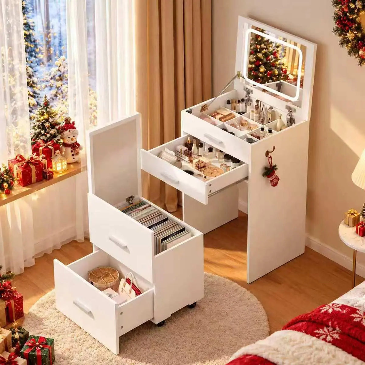 Small Vanity Desk with Lighted Flip-Top Mirror and Stool - White