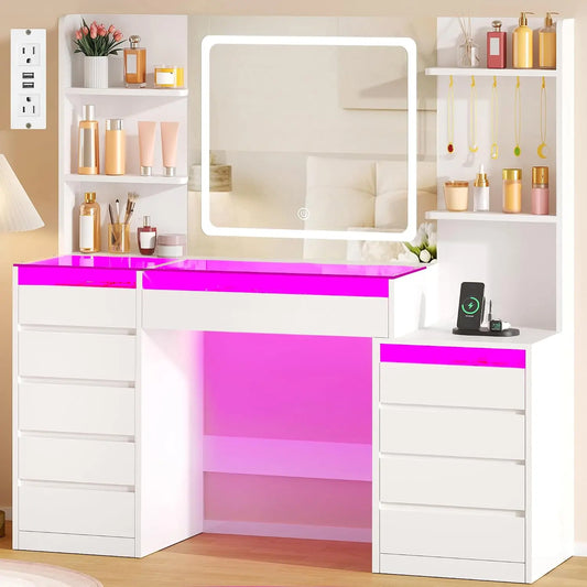 BEWISHOME 49.2 Inch Vanity with Mirror and RGB Lights - Full-View Glass Desktop