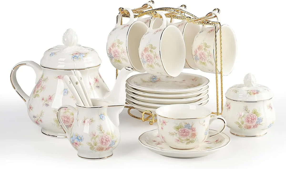 Sweejar 23 Pieces Floral Tea Sets with Metal Holder - Relief Gold Rim Porcelain Tea Sets for Adults, Cup and Saucer Set for 6, with Teapot, Sugar Bowl