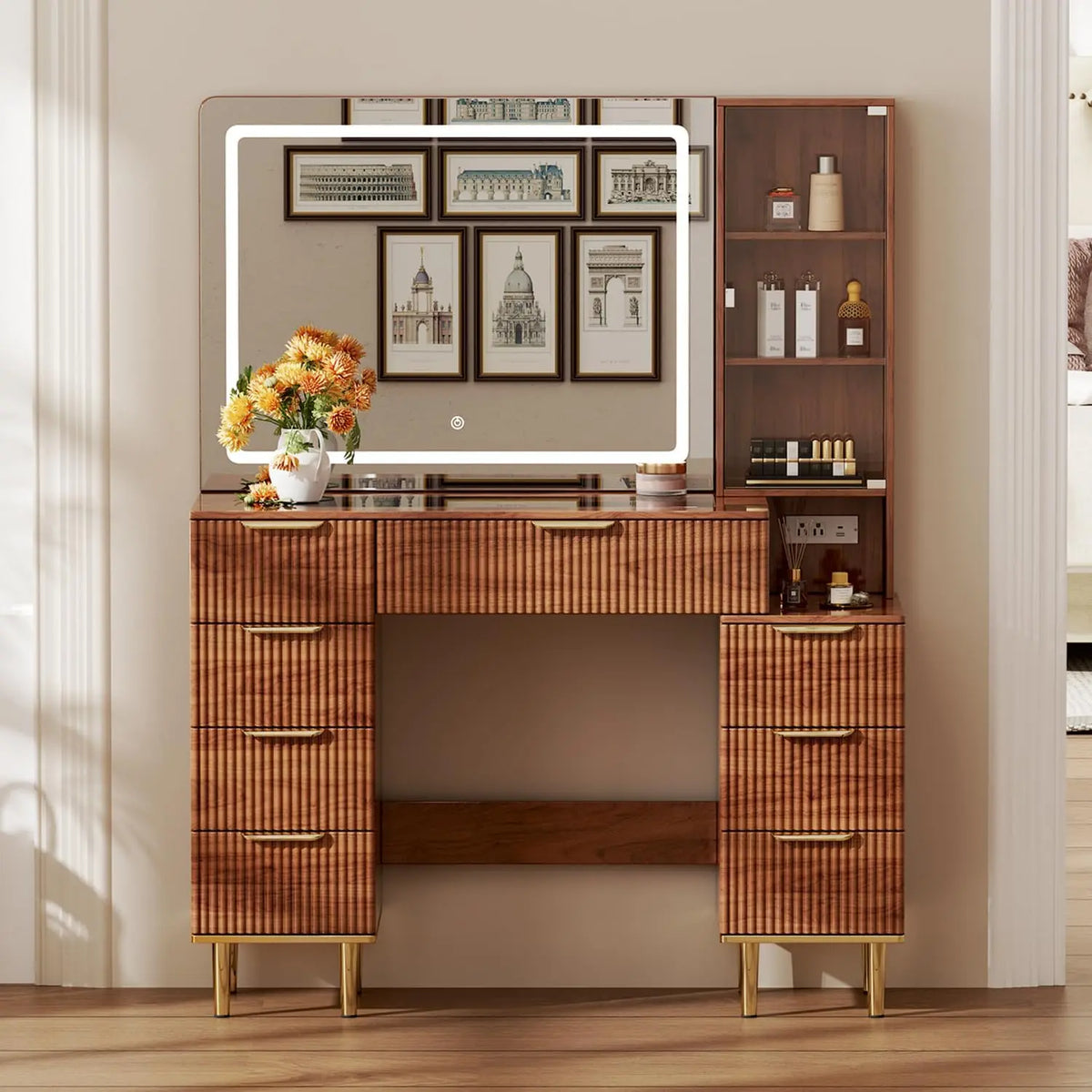 Chrangmay Modern Vanity Desk with 31.5 Inch Mirror and Lights - Makeup Vanity Table with 8 Drawers, Makeup Desk with Power Outlet, Nightstand, Brown