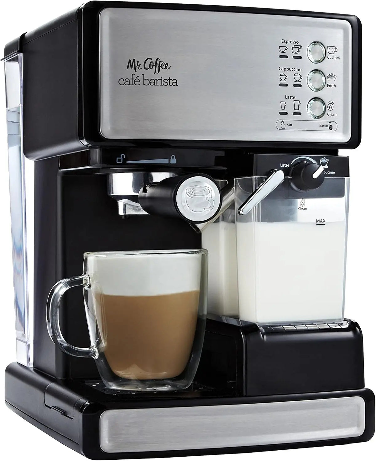 Mr. Coffee Espresso and Cappuccino Machine Stainless Steel Programmable Coffee Maker - Automatic Milk Frother 15-Bar Pump