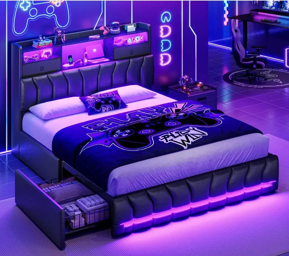 DICTAC Full Bed Frames with Storage Headboard and 2 Large Drawers - Gaming Bed with RGB Lights and Charging Station, Leather Upholstered Platform Bed