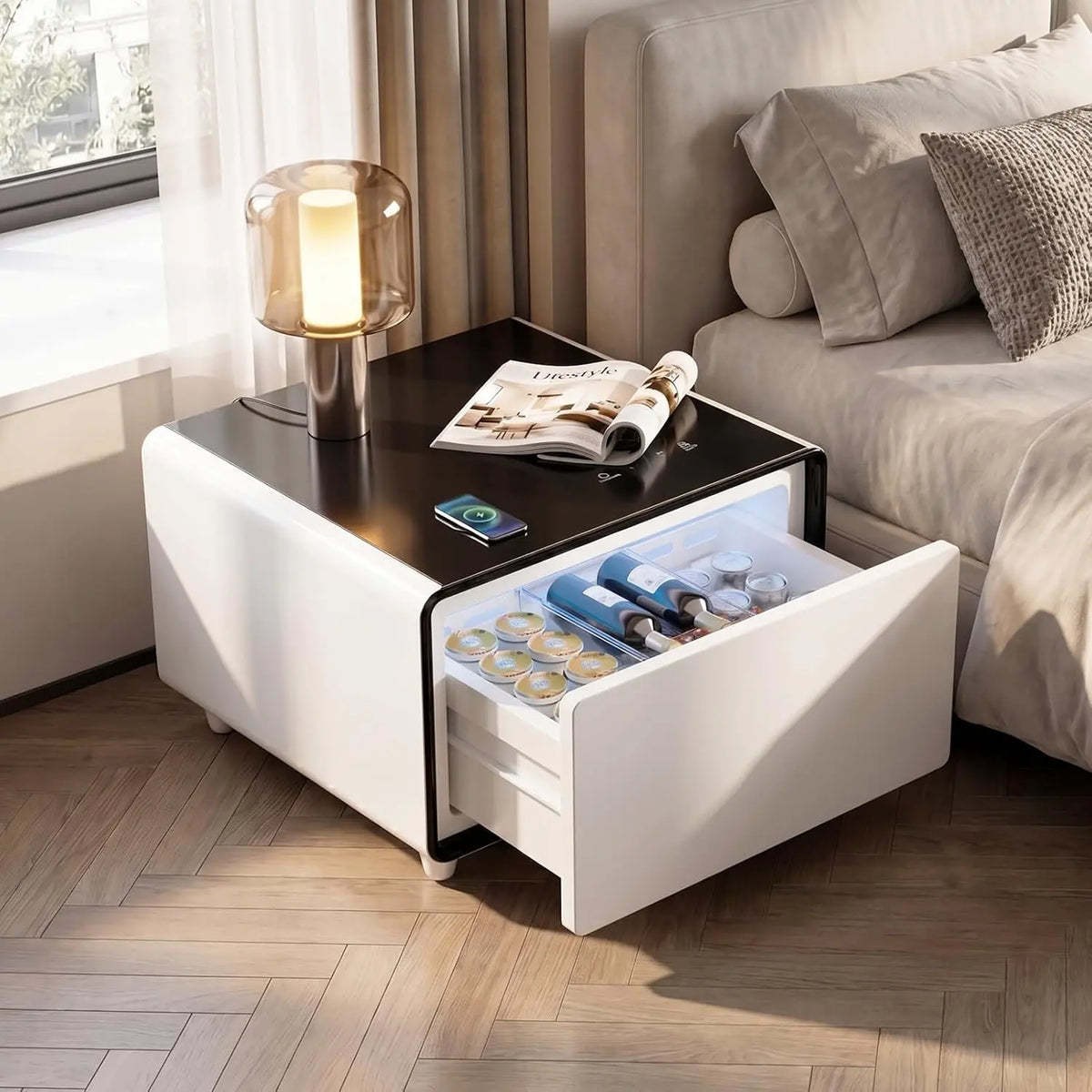 Smart Refrigerated End Table With 65L Drawer - Wireless Charging, USB Ports