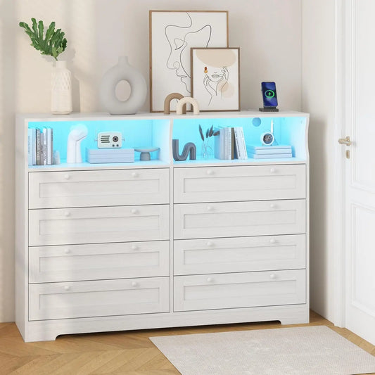 8-Drawer Wooden Dresser with LED Lights & Power Outlet - White