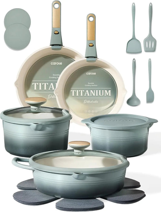 CAROTE 20pcs Titanium Cookware Set - Pots and Pans Set Detachable Handle