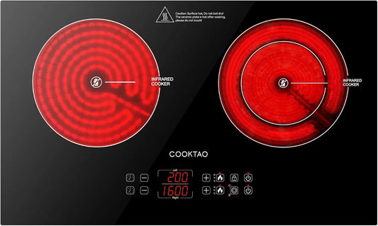 Dual Coils Design of Double Burner Electric Cooktop - 1800W Commercial Ceramic Infrared Cooking Hot Plate