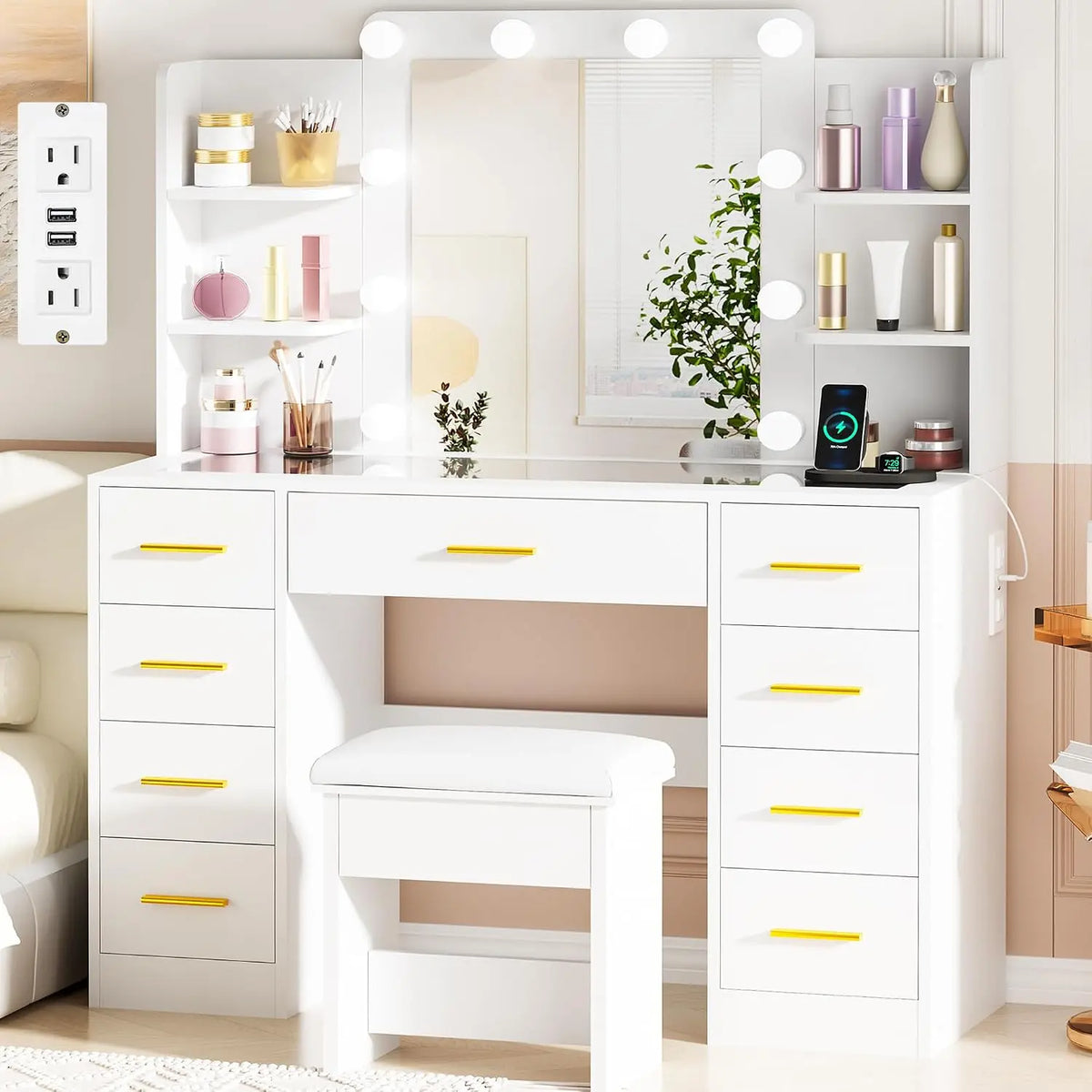 BEWISHOME Large Vanity Desk with Mirror and Lights - Glass Top, 9 Drawers
