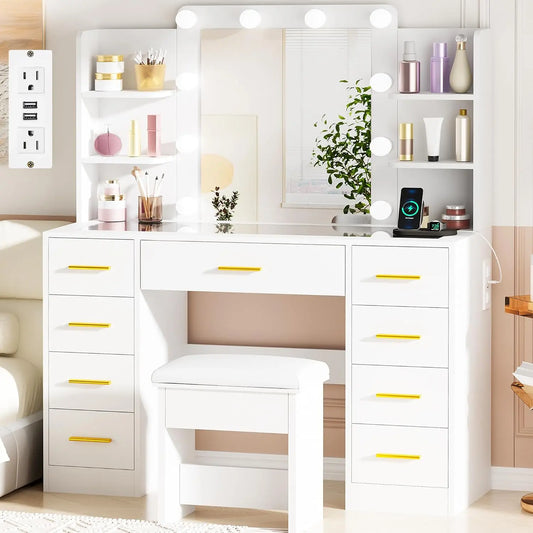 BEWISHOME Large Vanity Desk with Mirror and Lights - Glass Top, 9 Drawers