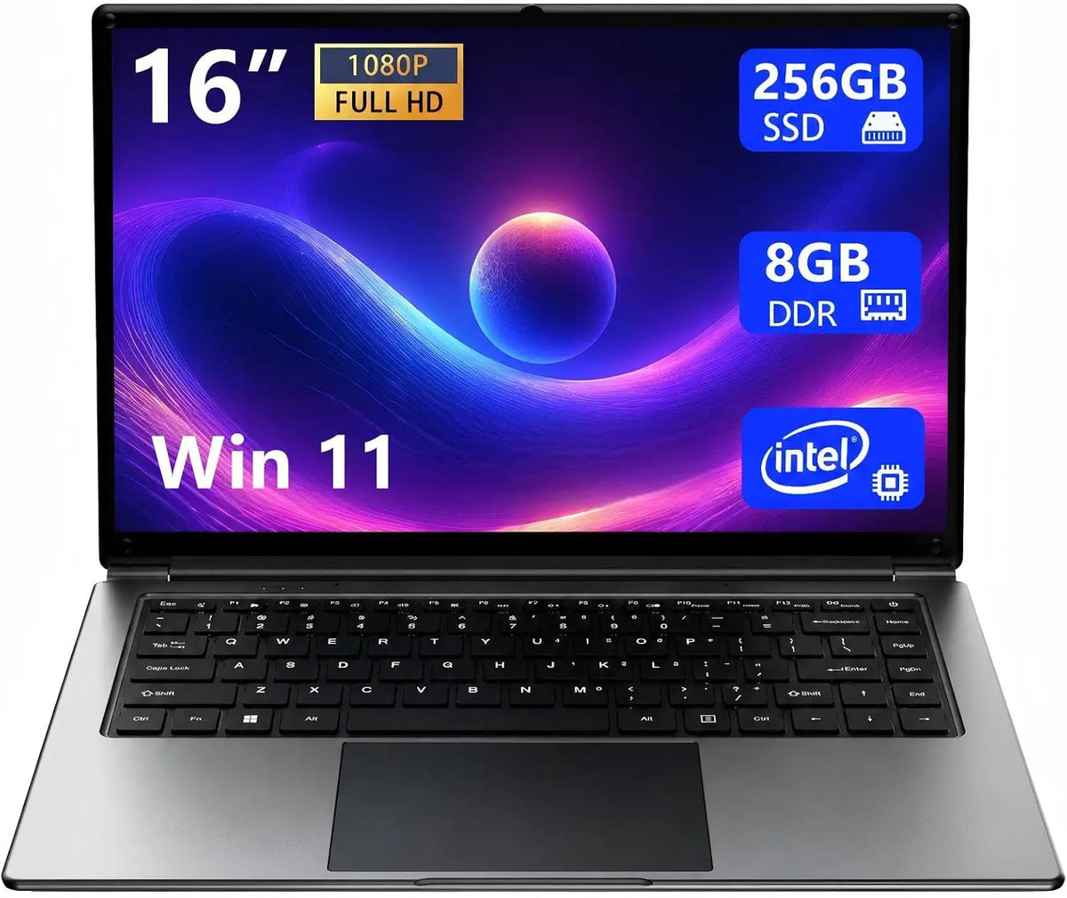 laptop 16-inch - 8GB DDR 256GB SSD portable laptop computer, expandable to 1TB, Pentium quad-core CPU up to 2.64 GHz, 9000mAh battery, interface