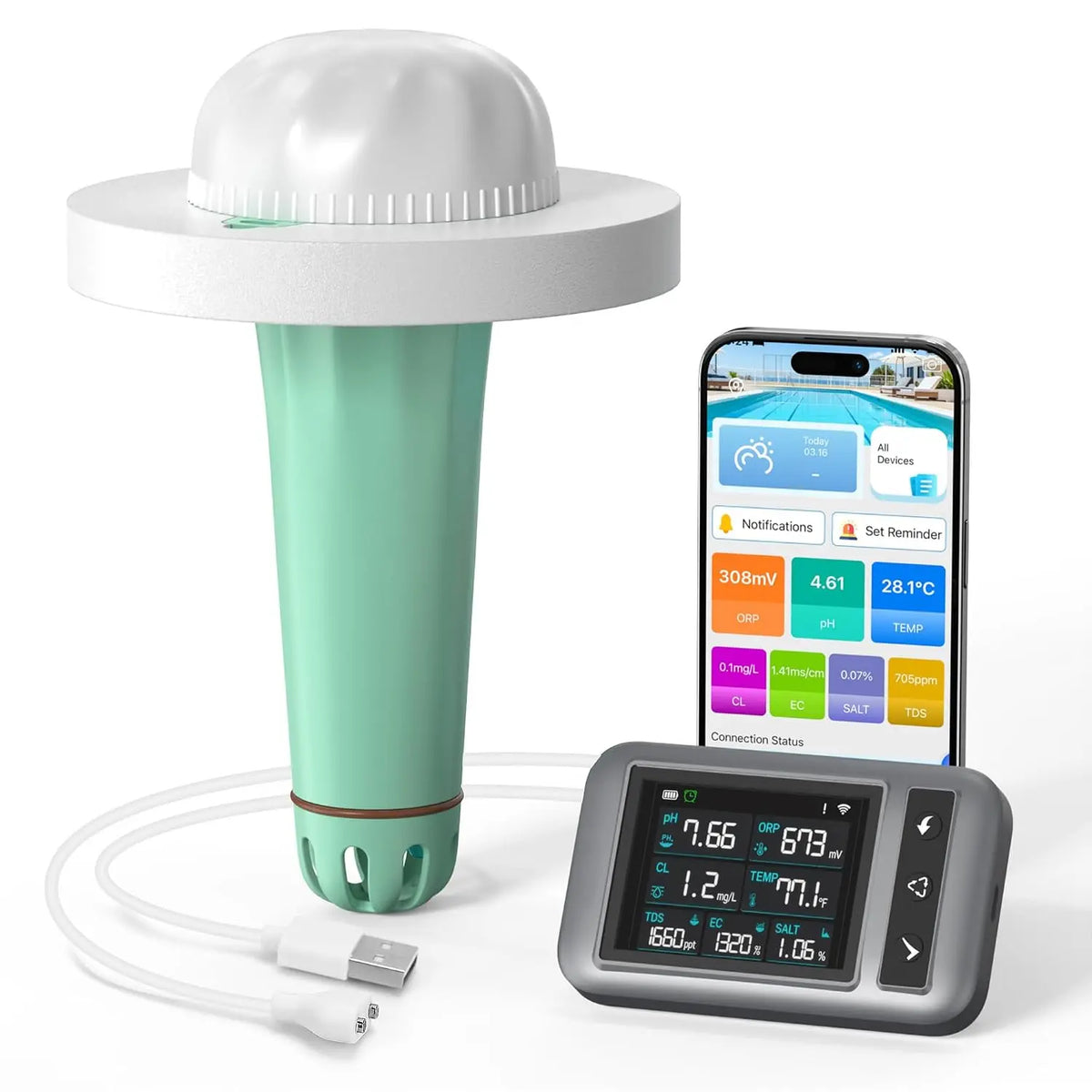 7-in-1 Smart Pool Water Tester with APP - Digital Pool Tester for Swimming Pool & Spa, Measures pH, Chlorine, ORP, TDS, EC, Salinity & Temp, Hot Tubs.