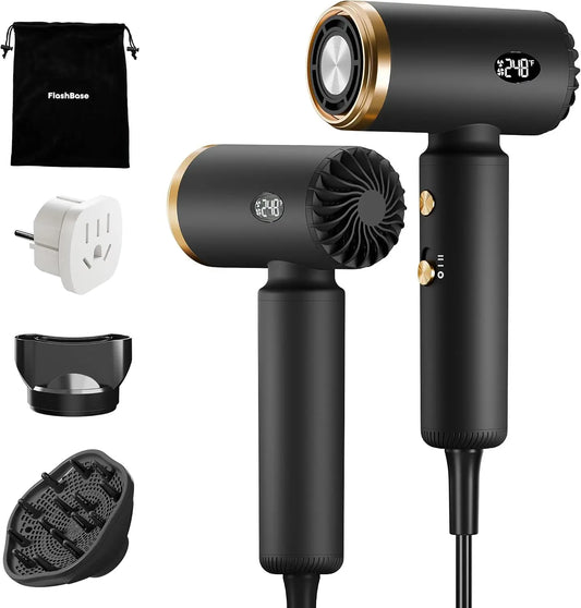 Travel Hair Dryer - Dual Voltage Blow Dryer with Diffuser, Rubber Black