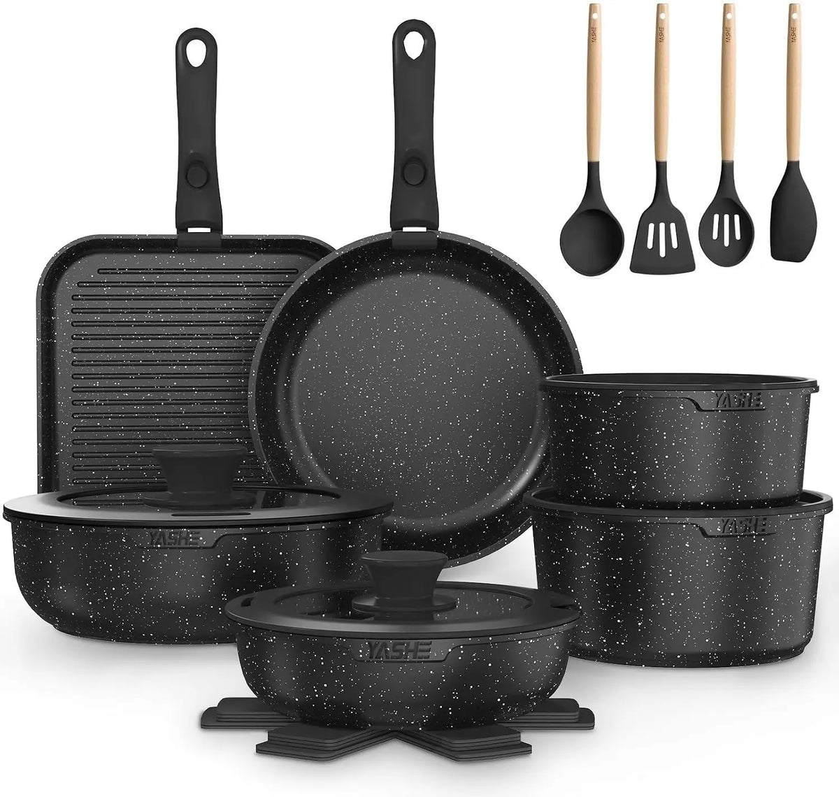 YASHE Nonstick Frying Pan Set - 3 Piece Granite Skillet Set, Induction Pans for Cooking Omelette, Healthy Kitchen Stone Cookware with 20 cm, 24 cm