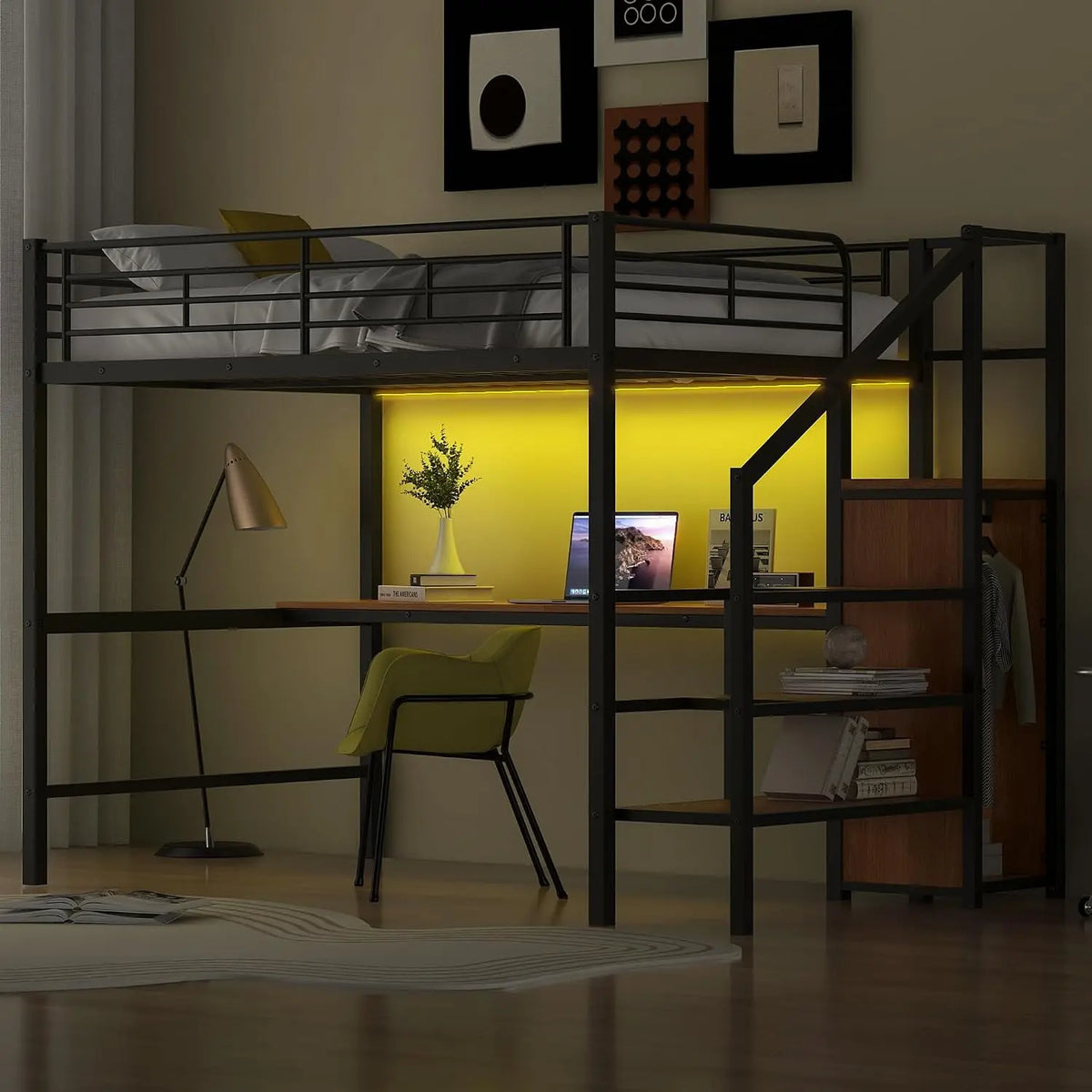 Full Size Loft Bed with Desk and Storage Staircase - Metal Loft Bed with LED Lights & Small Wardrobe, Safety Guardrail, Space-Saving, Noise Free