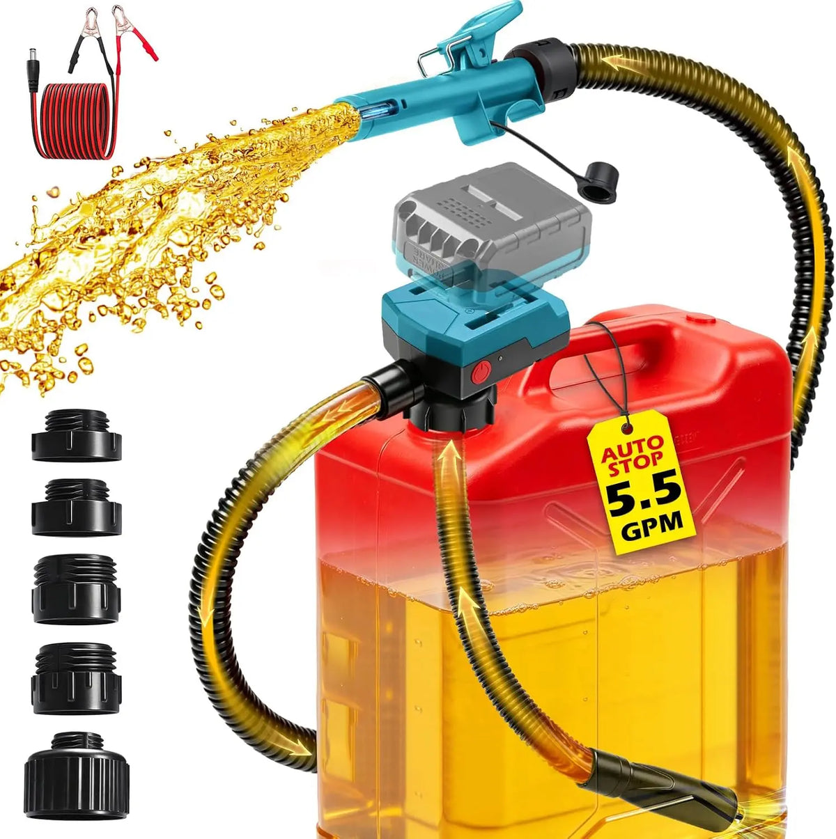 Blue 5.5 GPM Cordless Fuel Transfer Pump with Auto Shut-Off & Beep Alert - 57Hose & 5Adapters, Compatible with Makita 18v Batteries