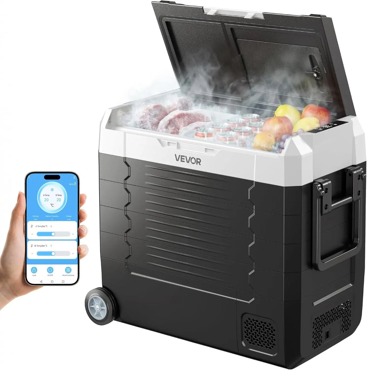 VEVOR Car Refrigerator - DC 12/24V AC100-240V Compressor Electric Cooler, 4°F to 68°F Truck Refrigerator with APP Control, Wheels & Dual Zone, Boats