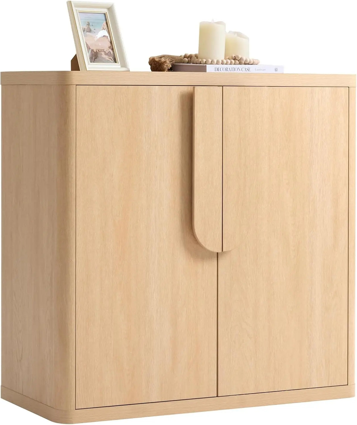 31.14'' Sideboard Buffet Cabinet W/Storage - Modern Accent Cabinets W/Curved Handles & Adjustable Shelves, Natural Oak