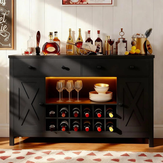 COMHOMA Coffee Bar Cabinet with LED Lights - 55.1 Inch Wine Bar Cabinet Sideboard Buffet Cabinet with Charging Station, Black