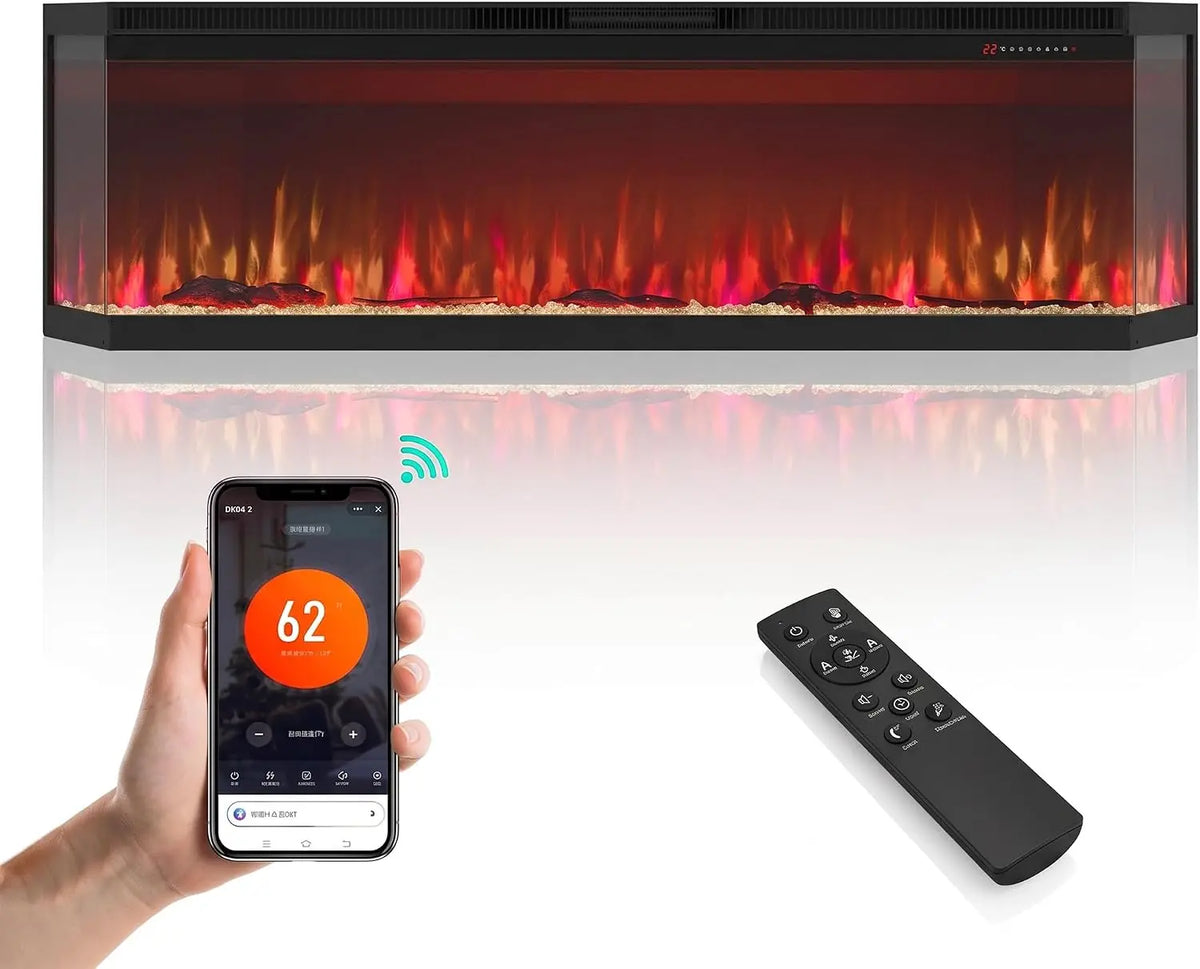 72 Inch 3-Sided Electric Fireplace - WiFi Wall Mounted or Freestanding Fireplace Heater with Bluetooth Speakers, 16 Flame & Ember Colors, 750W/1500W